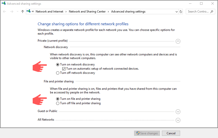 enable network discovery and configure sharing options