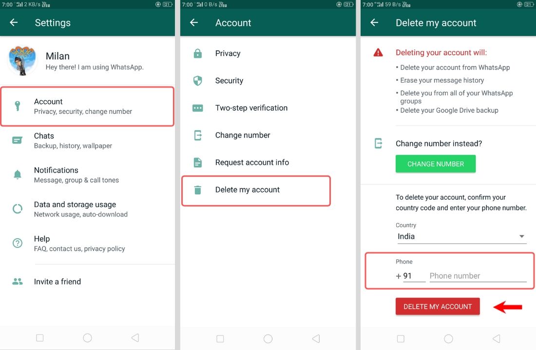 delete whatsapp account permanently in android