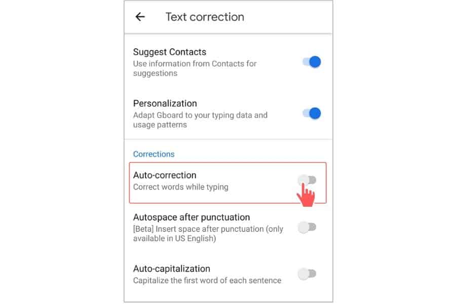 disable autocorrect in android