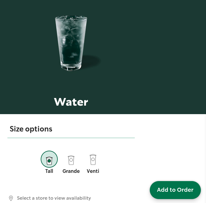 how to order water on the starbucks app